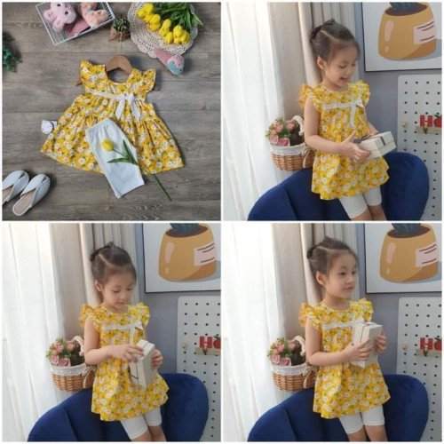 Váy hoa tay tiên nơ eo size 2-6 - V1135-